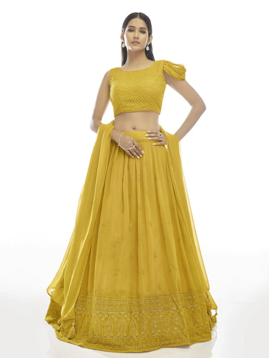Pleasant Mustard Yellow Embroidered Georgette Lehenga Choli